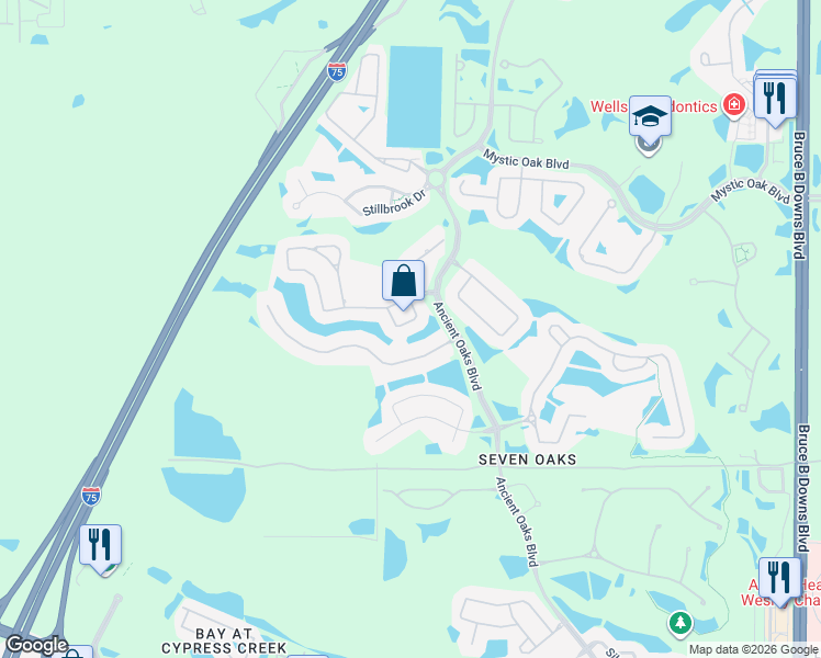 map of restaurants, bars, coffee shops, grocery stores, and more near 3252 Evening Breeze Loop in Wesley Chapel