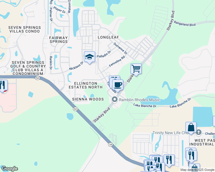 map of restaurants, bars, coffee shops, grocery stores, and more near 3127 Town Avenue in New Port Richey