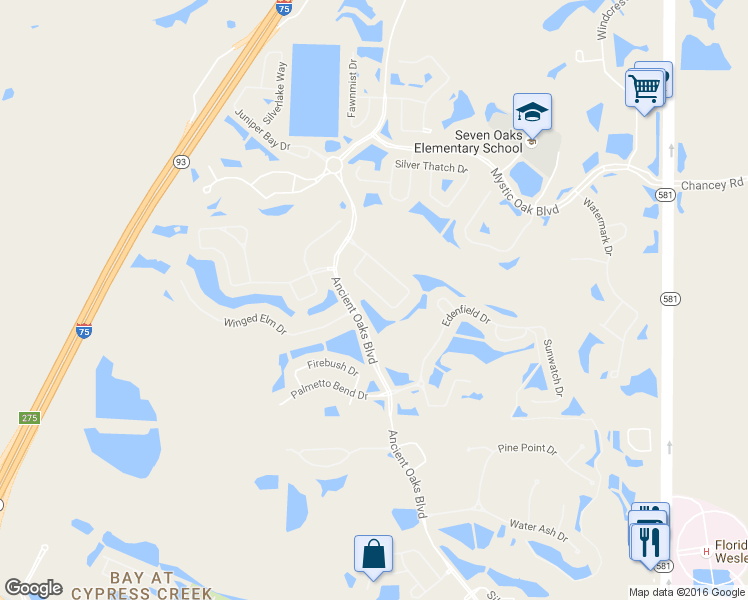 map of restaurants, bars, coffee shops, grocery stores, and more near 3330 Chapel Creek Circle in Wesley Chapel