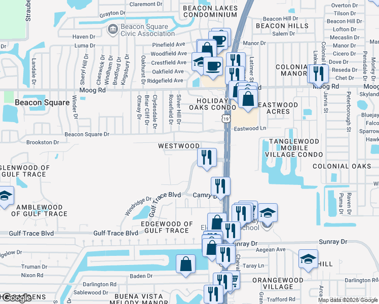 map of restaurants, bars, coffee shops, grocery stores, and more near 4312 Canterberry Drive in Holiday