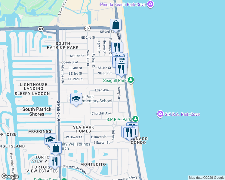 map of restaurants, bars, coffee shops, grocery stores, and more near 106 Eden Avenue in Satellite Beach
