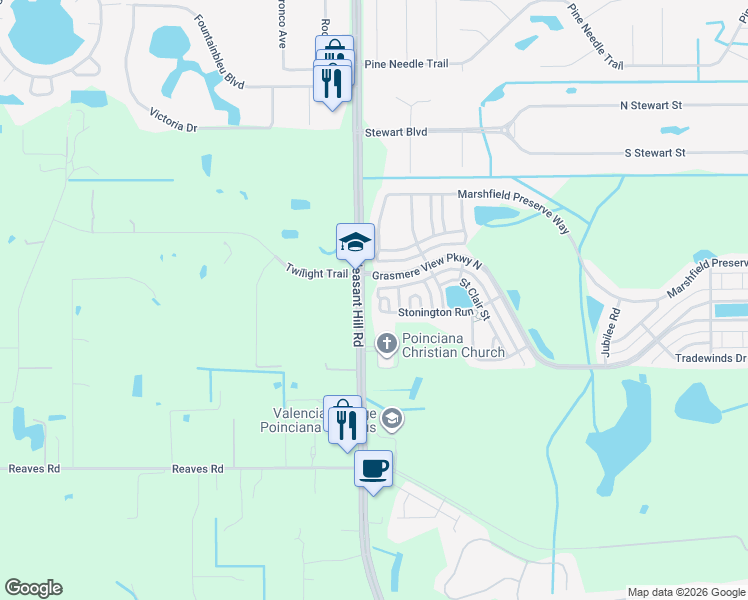 map of restaurants, bars, coffee shops, grocery stores, and more near 3190 Stonington Run in Kissimmee