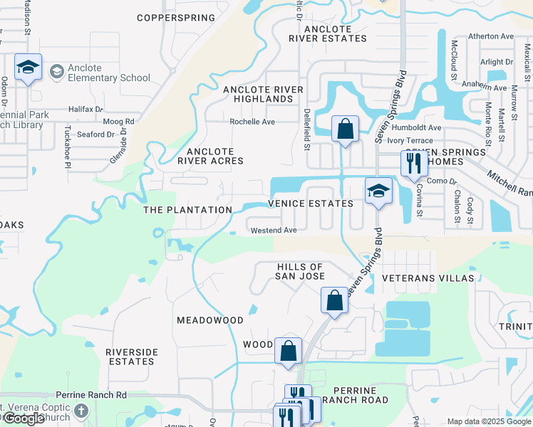 map of restaurants, bars, coffee shops, grocery stores, and more near 6841 Willits Avenue in New Port Richey