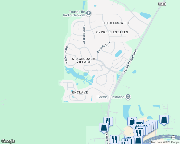 map of restaurants, bars, coffee shops, grocery stores, and more near 25402 7 Rivers Circle in Pasco County