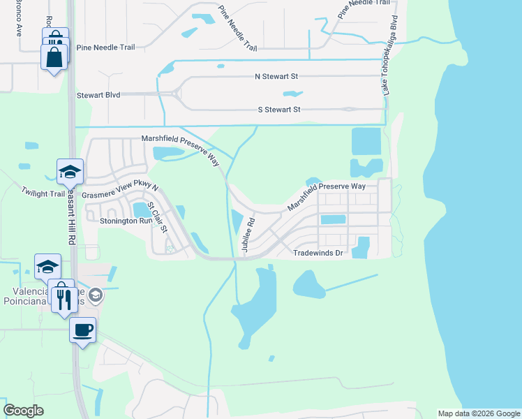 map of restaurants, bars, coffee shops, grocery stores, and more near 3221 Jubilee Road in Kissimmee