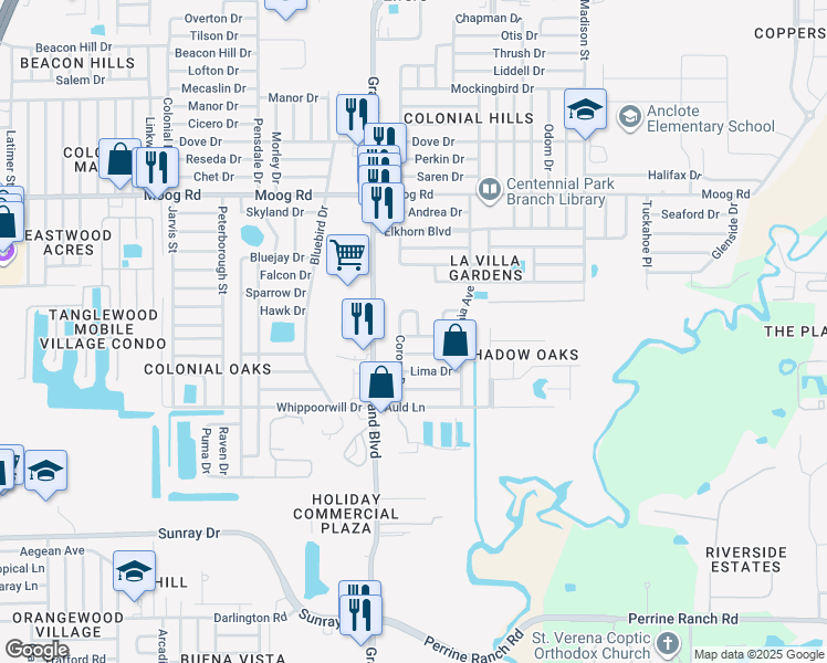 map of restaurants, bars, coffee shops, grocery stores, and more near 3145 Andorra Drive in Holiday