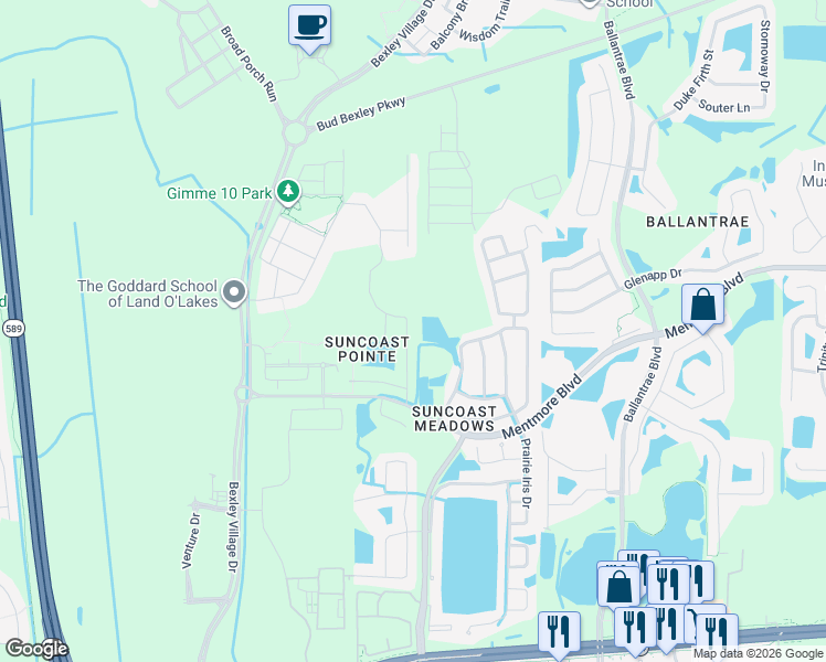 map of restaurants, bars, coffee shops, grocery stores, and more near 3246 Bellericay Lane in Land O' Lakes
