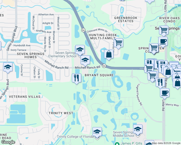 map of restaurants, bars, coffee shops, grocery stores, and more near 8100 Mitchell Ranch Road in New Port Richey