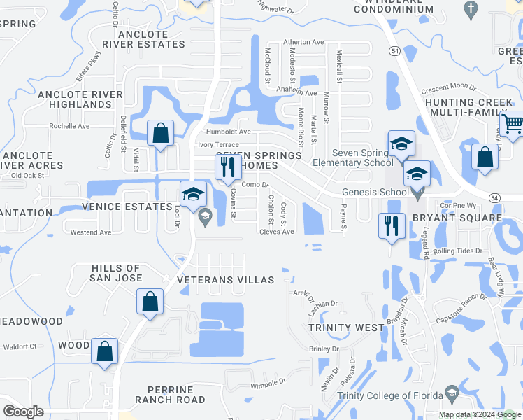 map of restaurants, bars, coffee shops, grocery stores, and more near 3148 Carlsbad Street in New Port Richey