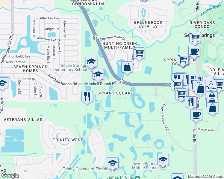 map of restaurants, bars, coffee shops, grocery stores, and more near 8100 Mitchell Ranch Road in New Port Richey