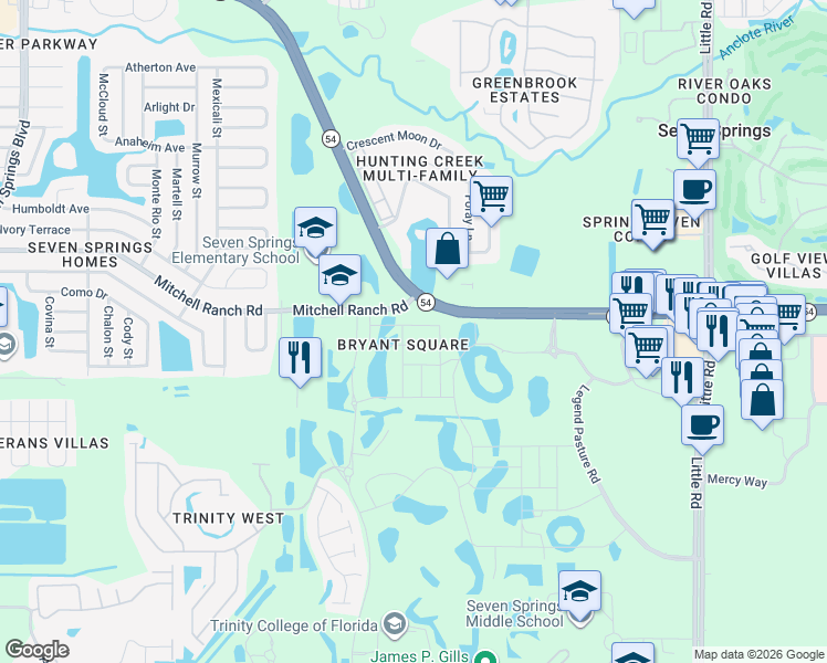 map of restaurants, bars, coffee shops, grocery stores, and more near in New Port Richey