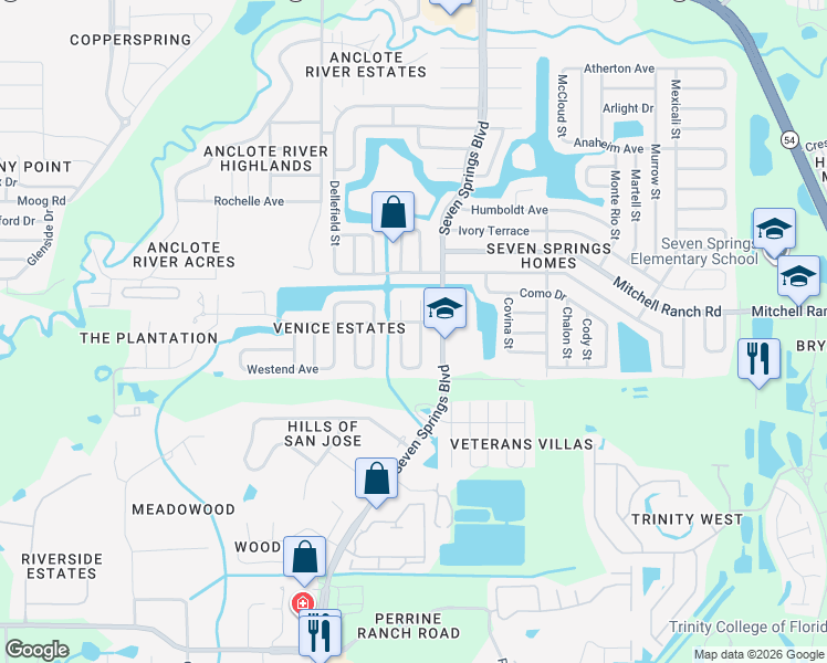 map of restaurants, bars, coffee shops, grocery stores, and more near 3147 Lodi Drive in New Port Richey