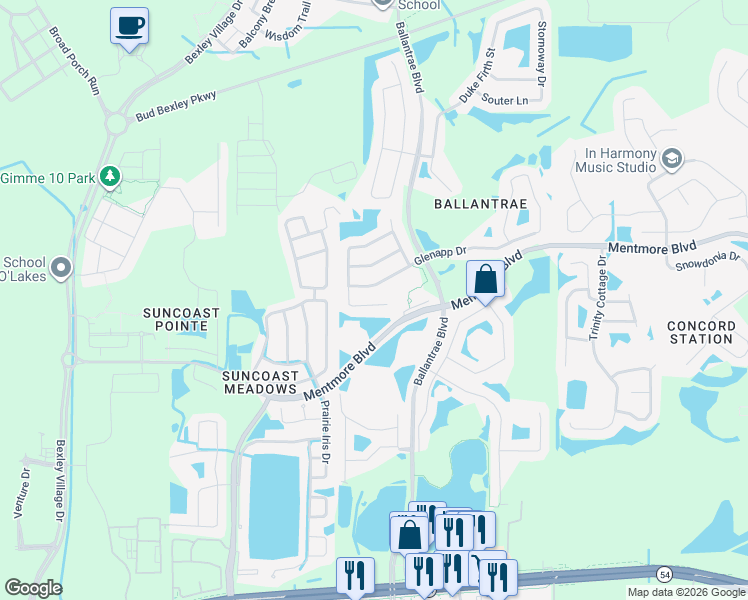 map of restaurants, bars, coffee shops, grocery stores, and more near 17534 Glenapp Drive in Land O' Lakes