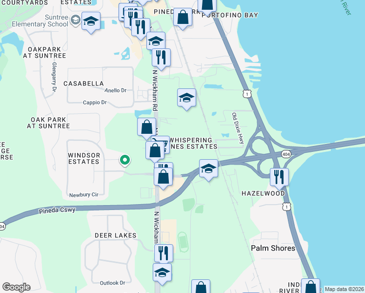 map of restaurants, bars, coffee shops, grocery stores, and more near 2801 Pine Branch Drive in Melbourne