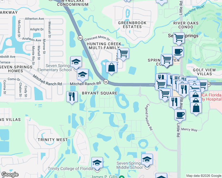 map of restaurants, bars, coffee shops, grocery stores, and more near in New Port Richey