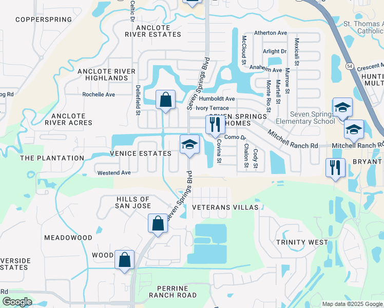 map of restaurants, bars, coffee shops, grocery stores, and more near 3202 Seven Springs Boulevard in New Port Richey
