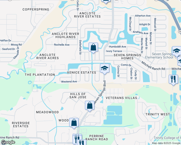map of restaurants, bars, coffee shops, grocery stores, and more near 3214 Ludlow Drive in New Port Richey