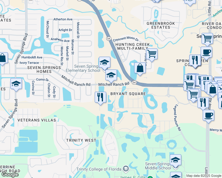 map of restaurants, bars, coffee shops, grocery stores, and more near 8100 Mitchell Ranch Road in New Port Richey