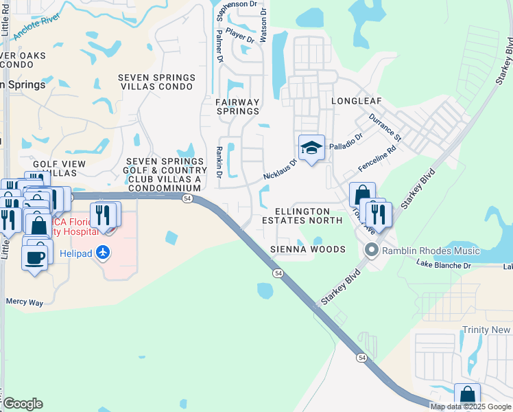 map of restaurants, bars, coffee shops, grocery stores, and more near 3212 Player Drive in New Port Richey
