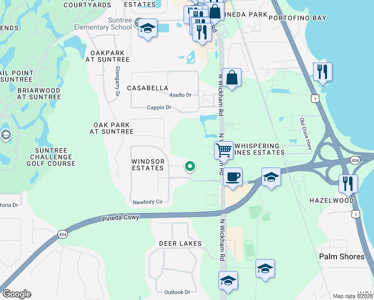 map of restaurants, bars, coffee shops, grocery stores, and more near 5850 North Wickham Road in Melbourne