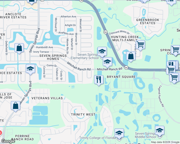 map of restaurants, bars, coffee shops, grocery stores, and more near 3296 Piccard Loop in New Port Richey
