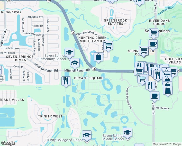map of restaurants, bars, coffee shops, grocery stores, and more near in New Port Richey