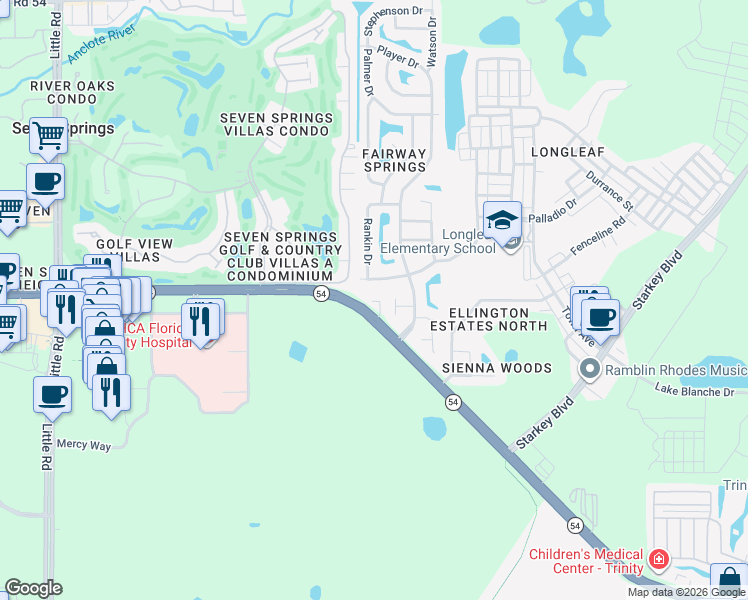 map of restaurants, bars, coffee shops, grocery stores, and more near 9847 Florida 54 in New Port Richey
