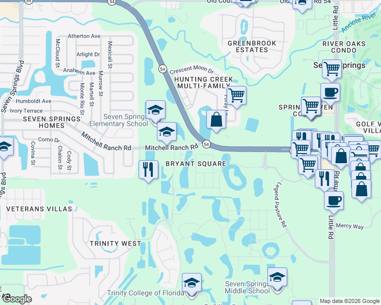 map of restaurants, bars, coffee shops, grocery stores, and more near 8100 Mitchell Ranch Road in New Port Richey