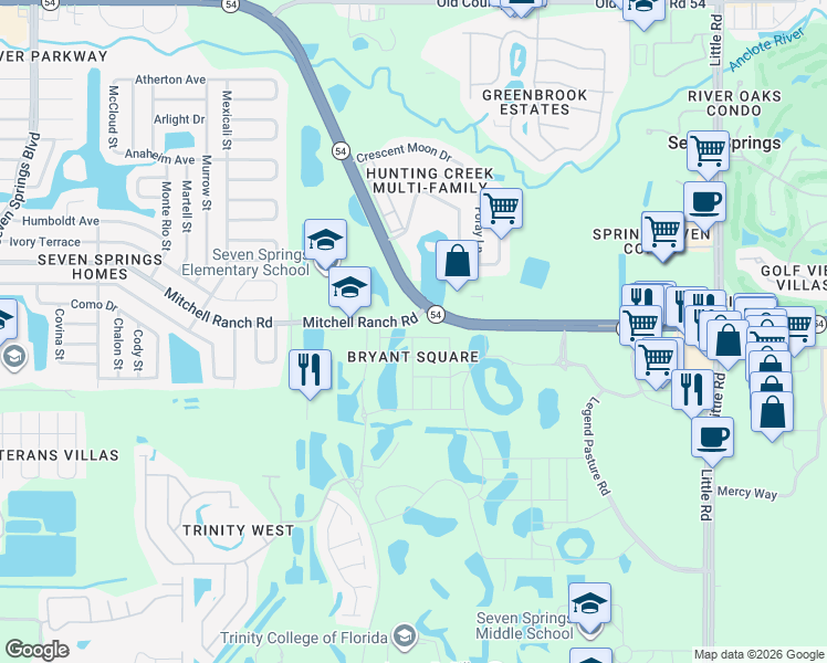 map of restaurants, bars, coffee shops, grocery stores, and more near 8100 Mitchell Ranch Road in New Port Richey