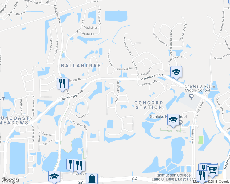 map of restaurants, bars, coffee shops, grocery stores, and more near 18063 Glastonbury Lane in Land O' Lakes
