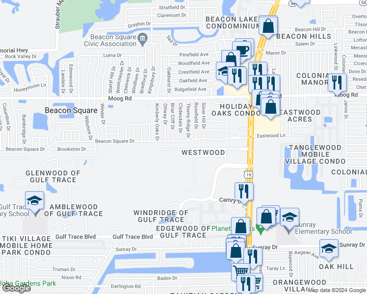 map of restaurants, bars, coffee shops, grocery stores, and more near 4133 Westwood Drive in Holiday