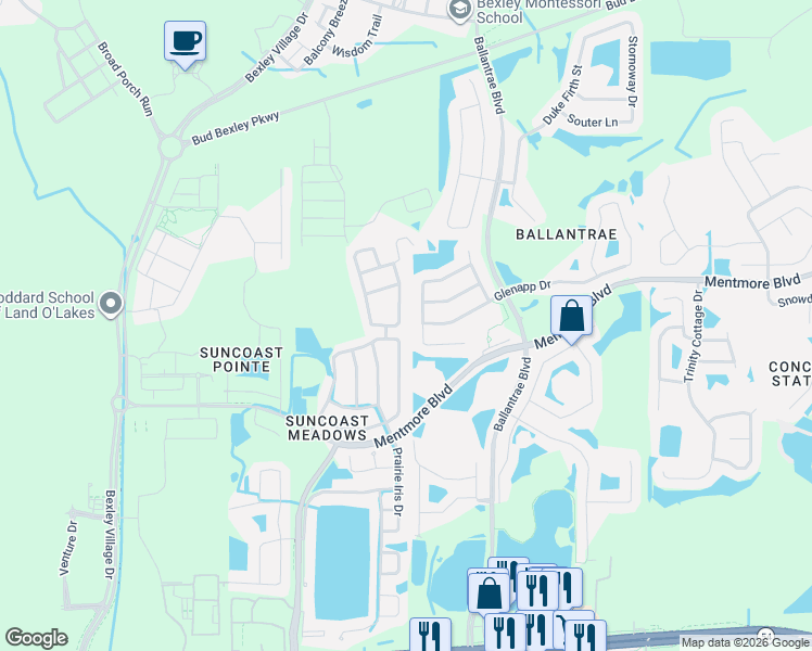 map of restaurants, bars, coffee shops, grocery stores, and more near 3321 Lintower Drive in Land O' Lakes