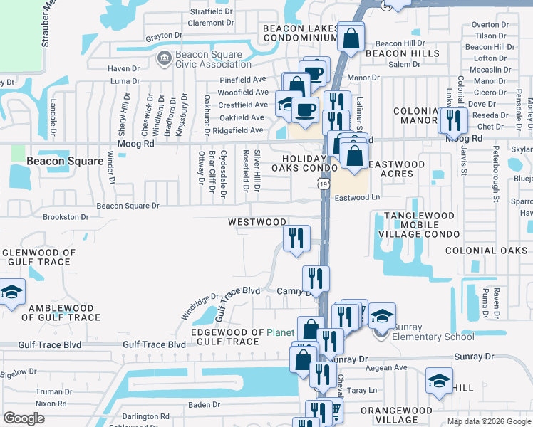 map of restaurants, bars, coffee shops, grocery stores, and more near 4301 Westwood Drive in Holiday