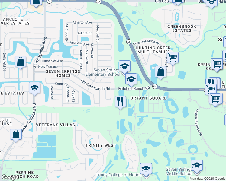 map of restaurants, bars, coffee shops, grocery stores, and more near 3296 Piccard Loop in New Port Richey