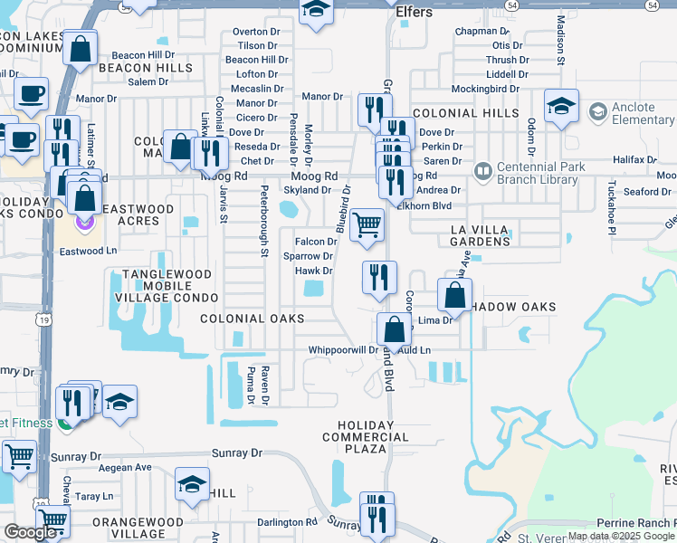 map of restaurants, bars, coffee shops, grocery stores, and more near 3212 Bluebird Drive in Holiday