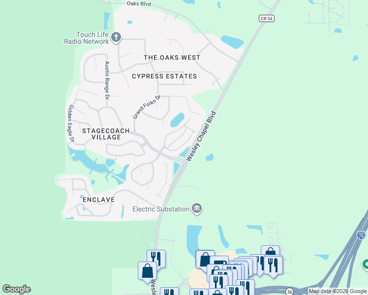 map of restaurants, bars, coffee shops, grocery stores, and more near 3350 Broken Bow Drive in Land O' Lakes