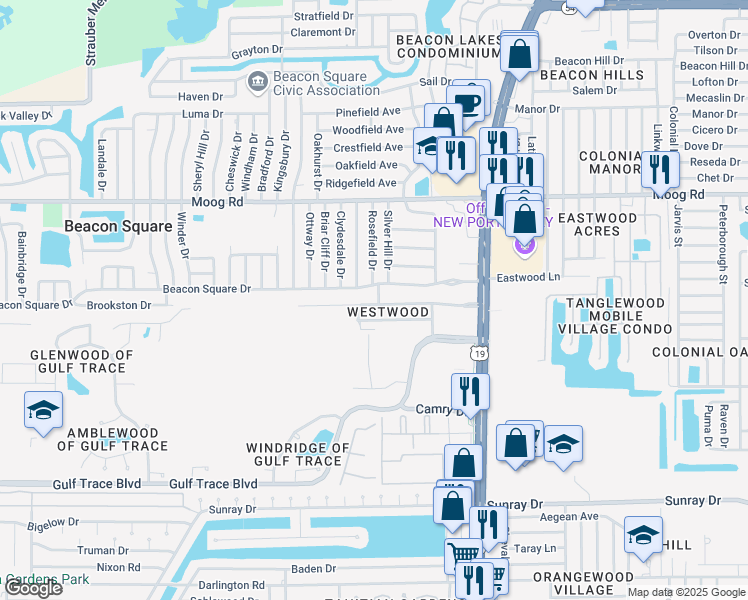 map of restaurants, bars, coffee shops, grocery stores, and more near 3221 Topp Drive in Holiday