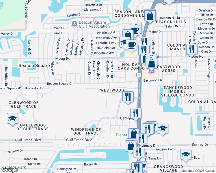 map of restaurants, bars, coffee shops, grocery stores, and more near 3221 Topp Drive in Holiday