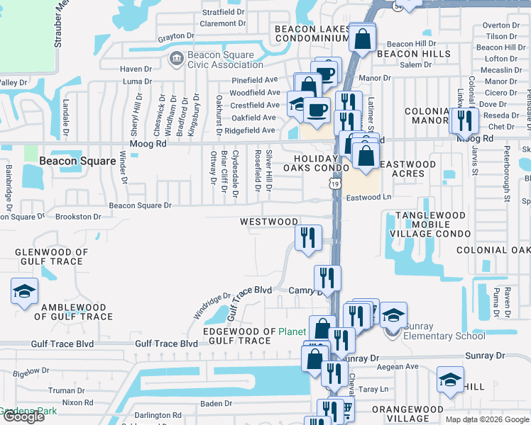 map of restaurants, bars, coffee shops, grocery stores, and more near 4210 Beacon Square Drive in Holiday