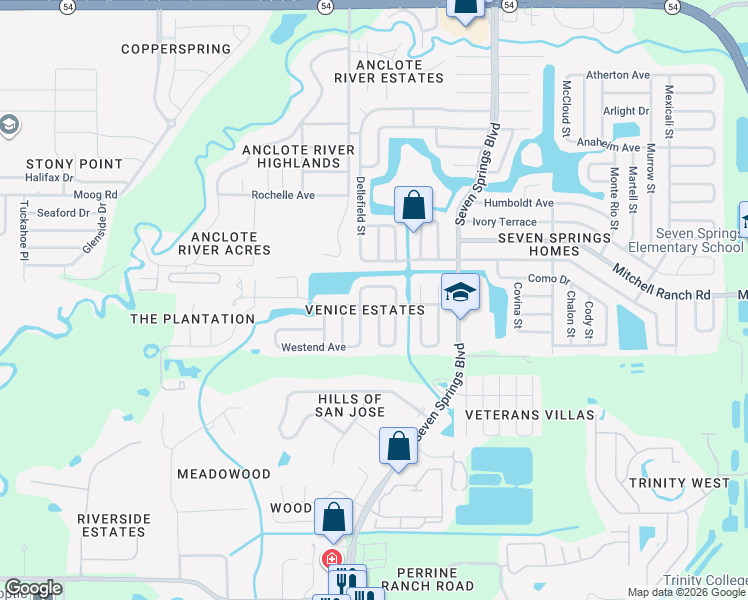 map of restaurants, bars, coffee shops, grocery stores, and more near 7033 Lassen Avenue in New Port Richey