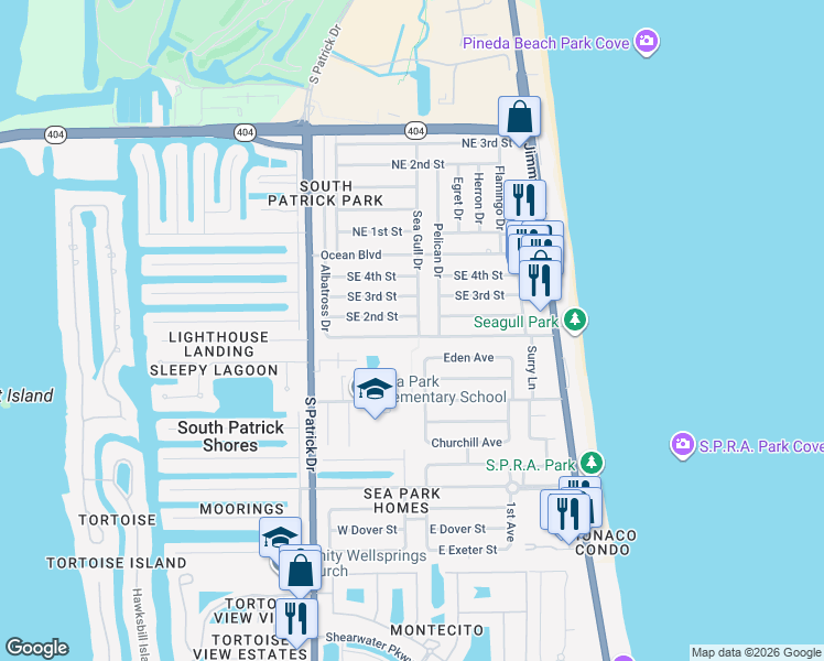 map of restaurants, bars, coffee shops, grocery stores, and more near 140 Sea Gull Drive in Satellite Beach