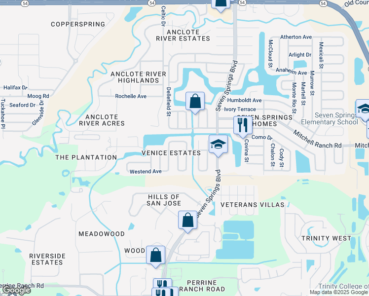 map of restaurants, bars, coffee shops, grocery stores, and more near 3214 Ludlow Drive in New Port Richey