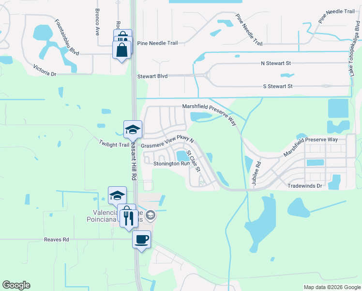 map of restaurants, bars, coffee shops, grocery stores, and more near 3001 Saint Clair Street in Kissimmee