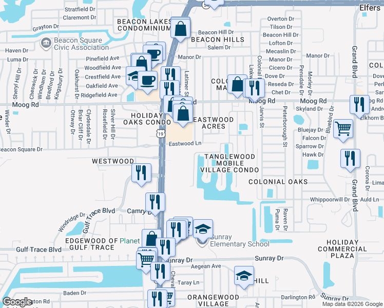 map of restaurants, bars, coffee shops, grocery stores, and more near 3217 Birkdale Drive in Holiday