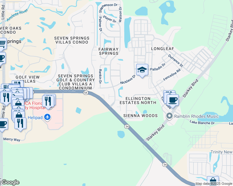 map of restaurants, bars, coffee shops, grocery stores, and more near 3212 Player Drive in New Port Richey