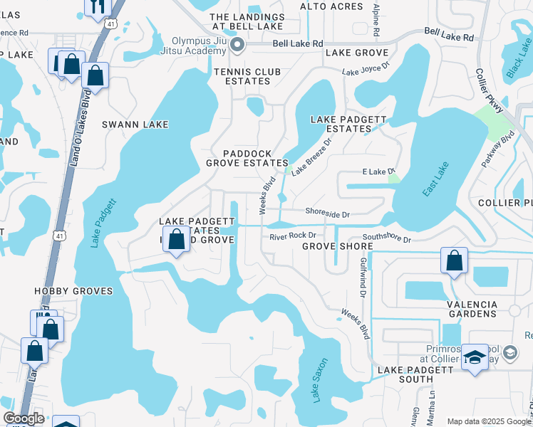 map of restaurants, bars, coffee shops, grocery stores, and more near 22116 Shoreside Drive in Land O' Lakes