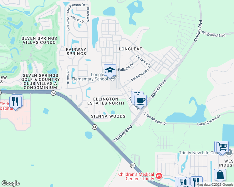 map of restaurants, bars, coffee shops, grocery stores, and more near 3315 Ellington Way in New Port Richey