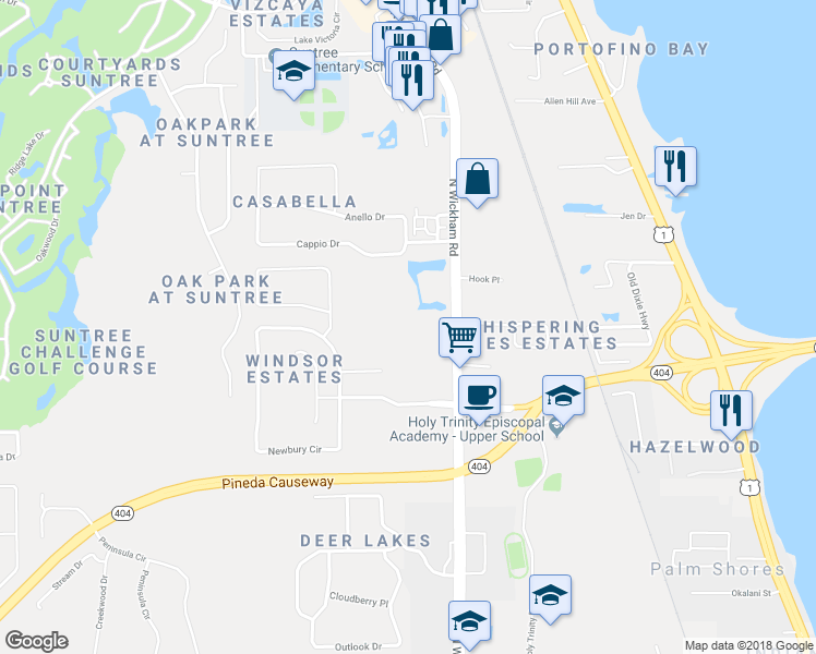 map of restaurants, bars, coffee shops, grocery stores, and more near 5850 North Wickham Road in Melbourne