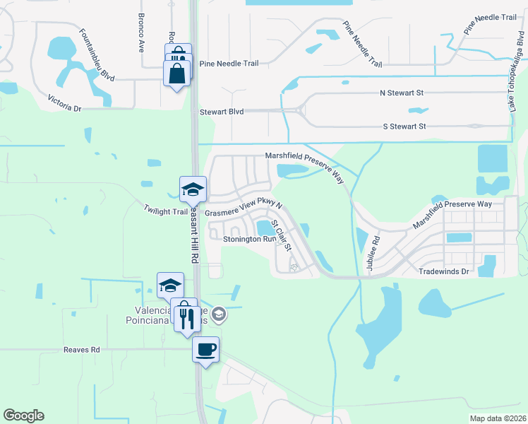 map of restaurants, bars, coffee shops, grocery stores, and more near 3001 Saint Clair Street in Kissimmee