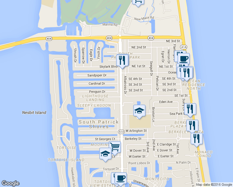 map of restaurants, bars, coffee shops, grocery stores, and more near 299 Ibis Lane in Satellite Beach